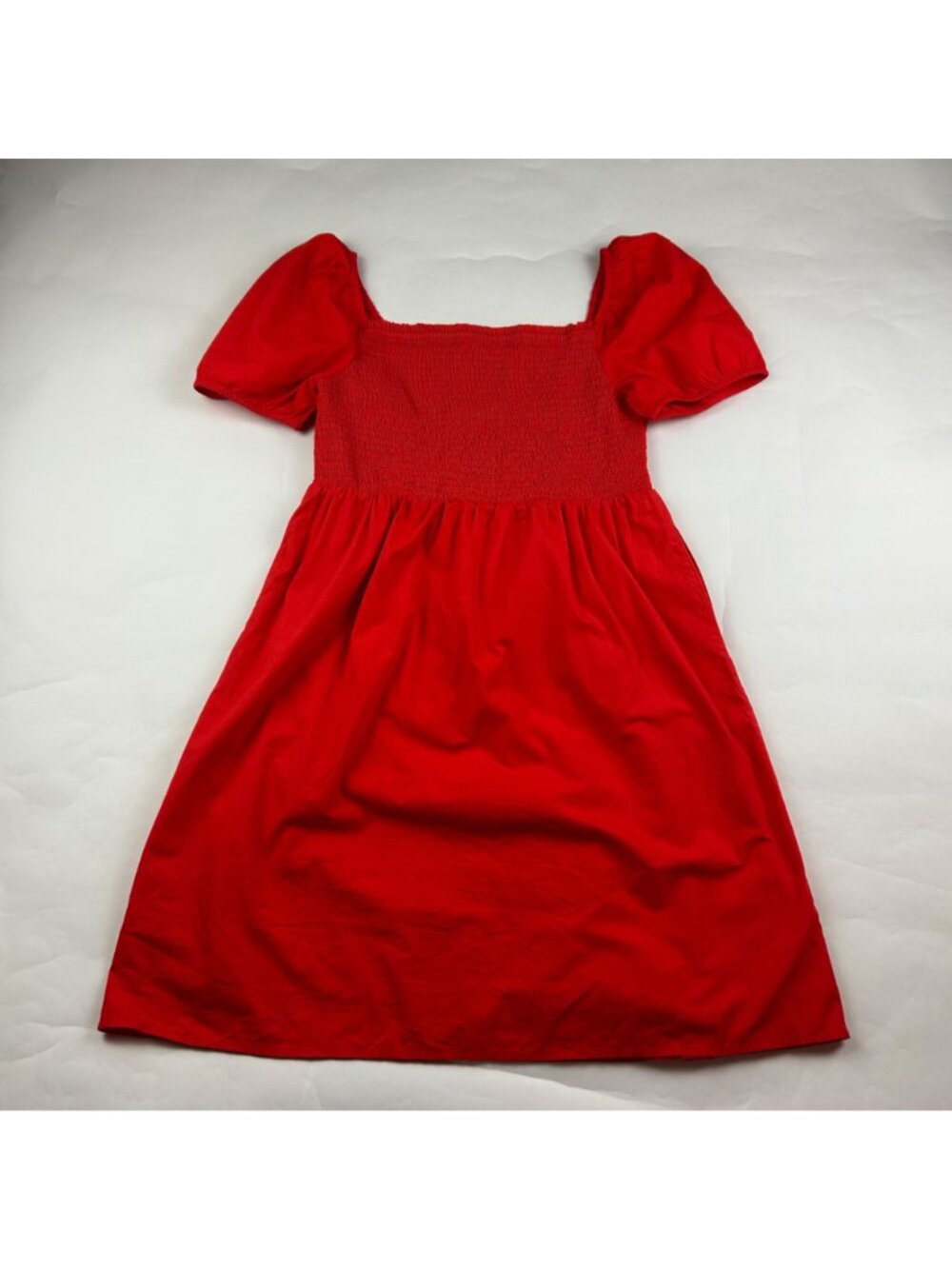LOFT Red Cotton Smocked Bodice Puff Sleeve Mini Dress M - Picture 6 of 8